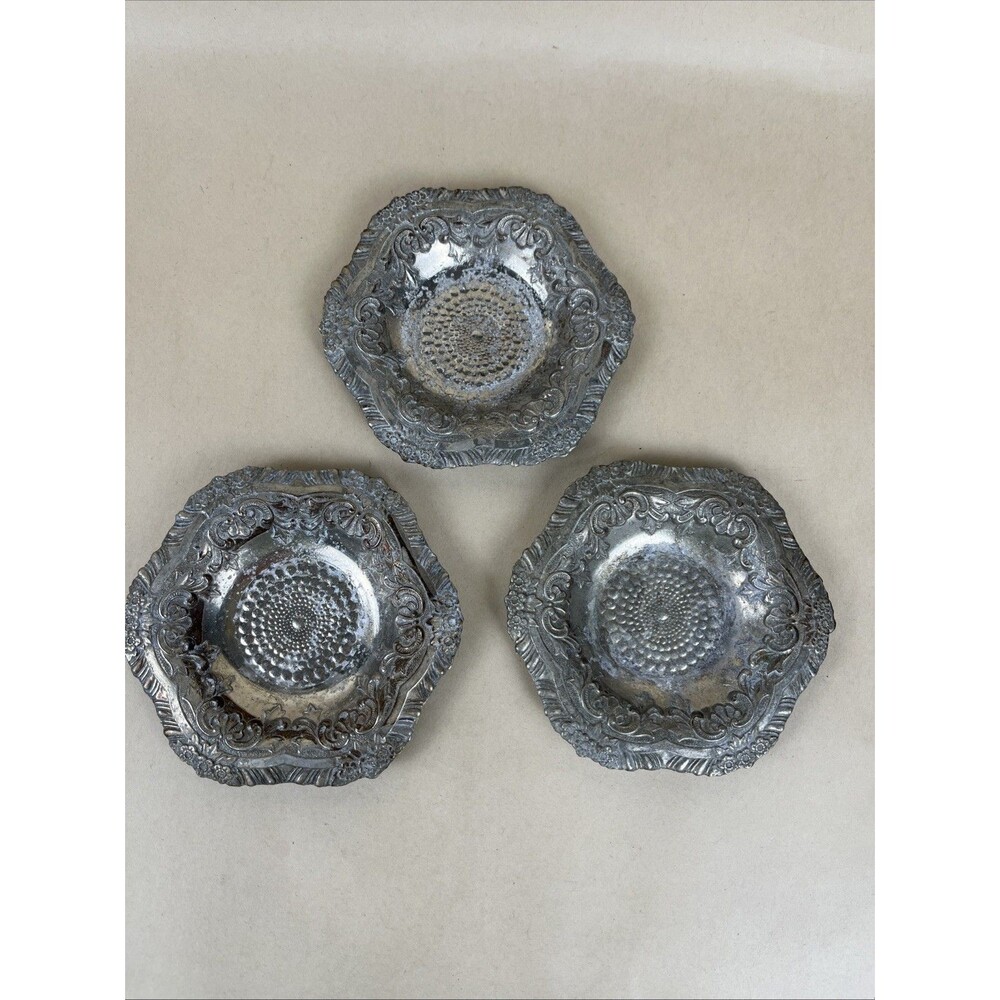 3 VTG Ornate Embossed Metal Trinket Dish 4.5” Floral Scroll Baroque Jewelry Tray